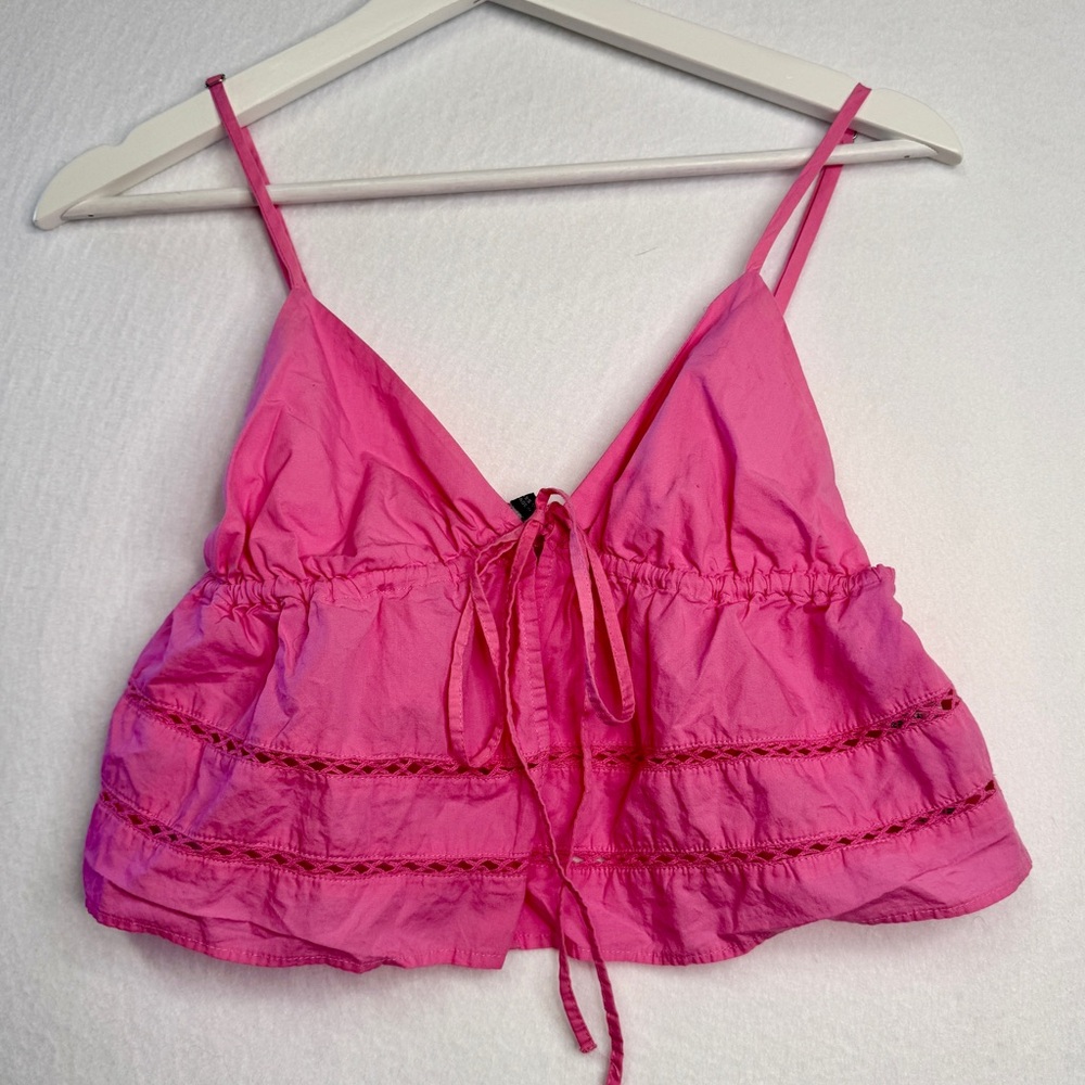 Zara Pink Plunge Neck Tie Front Ruffle Eyelet Camisole Crop Tank Top Size XS